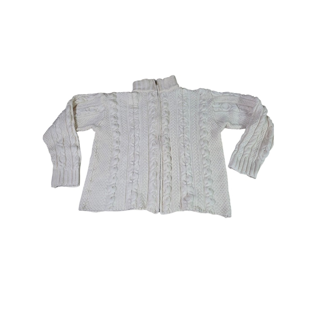 Aran Crafts Cream 100% Wool Cable Knit Sweater Cardigan Full Zip Ireland Small